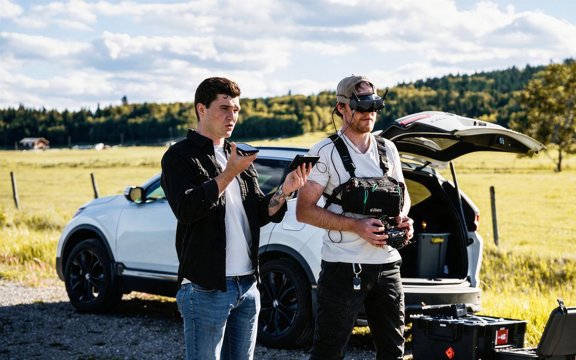 Peak FPV pilot and visual observer coordinating on site before a flight in Alberta