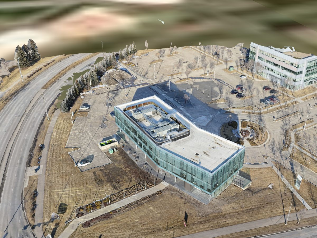 Photogrammetry model of a commercial building generated from drone imagery