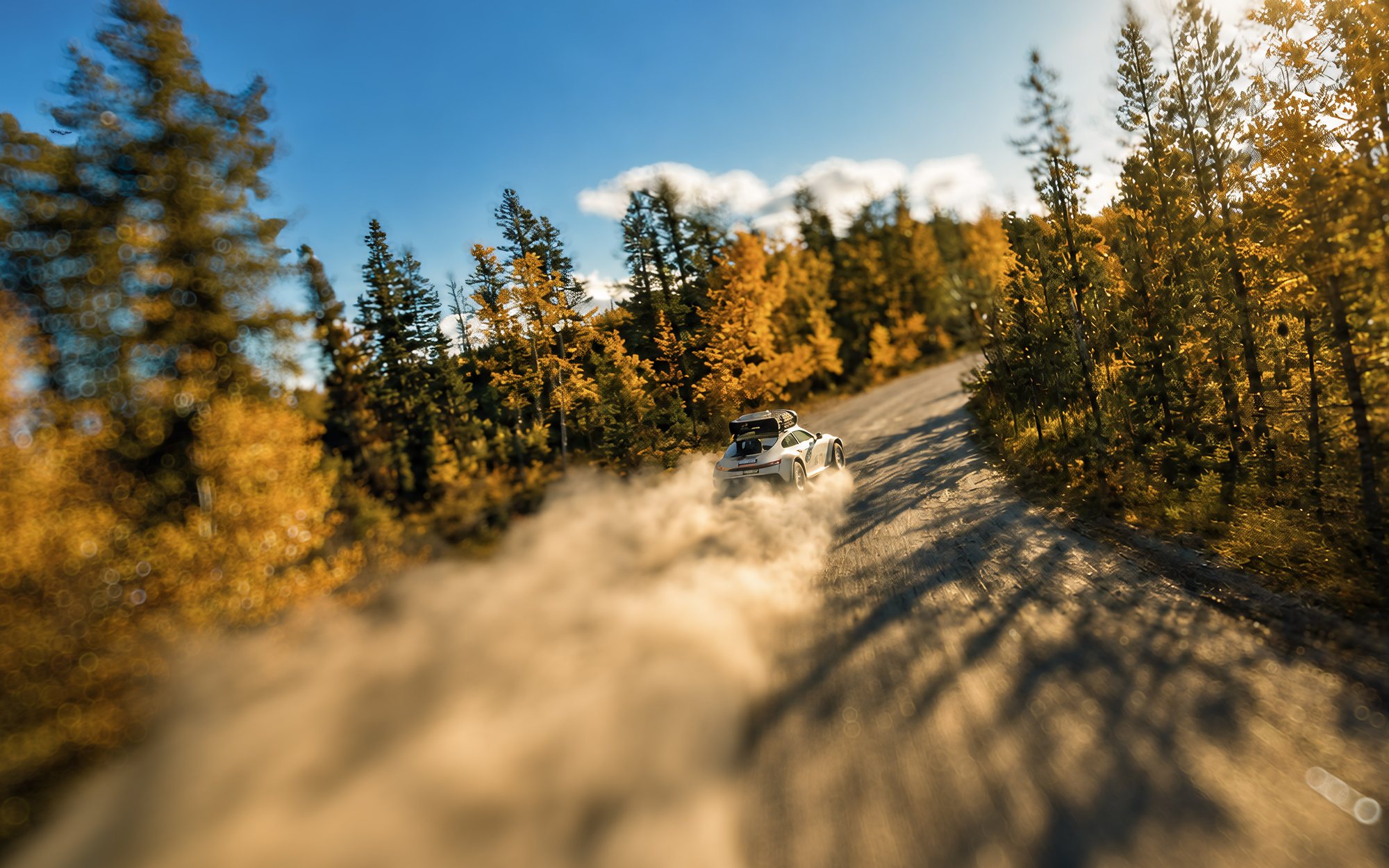 Aerial FPV chase shot of a performance car on a forest road at golden hour